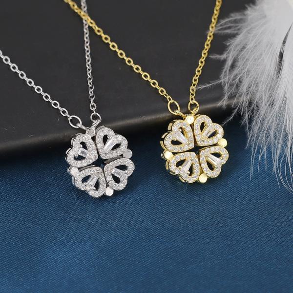 Hot Selling  Clover Heart Necklaces Customize Women Gold Plated Stainless Steel Diamond Leaf  Four Love Hearts Pendant Necklace