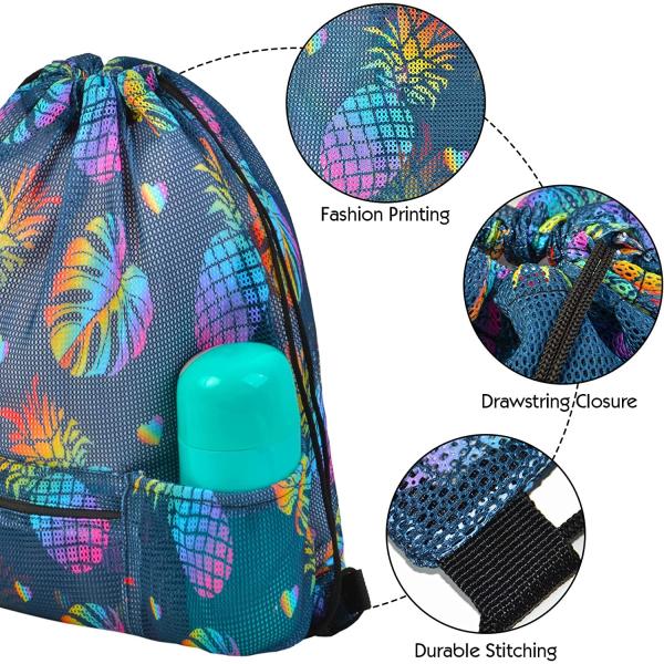 Mesh Drawstring Bag with Zipper Pocket, Beach Bag for Swimming Gear Backpack Gym Storage Bag for Adult Kids