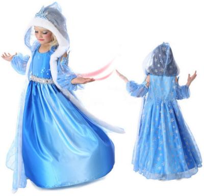 2015 Frozene Elsa Jurk Anna Party Dress Christmas fur Hooded Snow Printed Cosplay Custom Baby Girl Reine Des Neiges