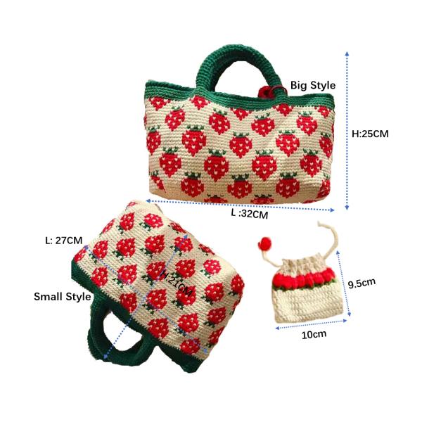 White Woven Cotton Bag , Strawberry Womens Crochet Handbags 32cm×25cm