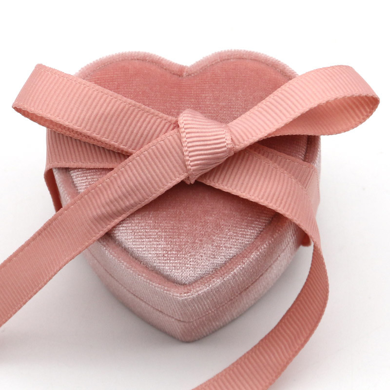 Hinge Closure Jewelry Box Packaging With Ribbon Pink Heart Velvet For Wedding Ring