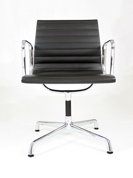 Black Durable Genuine Leather Office Chair With 4 Legs Chromed Aluminum Base