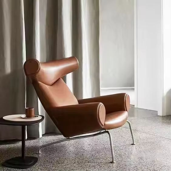 Leather Wood Metal Designer Living Room Chair Luxury Lounge Armchair Modern Sofa Contemporary Wing Back Accent Chair