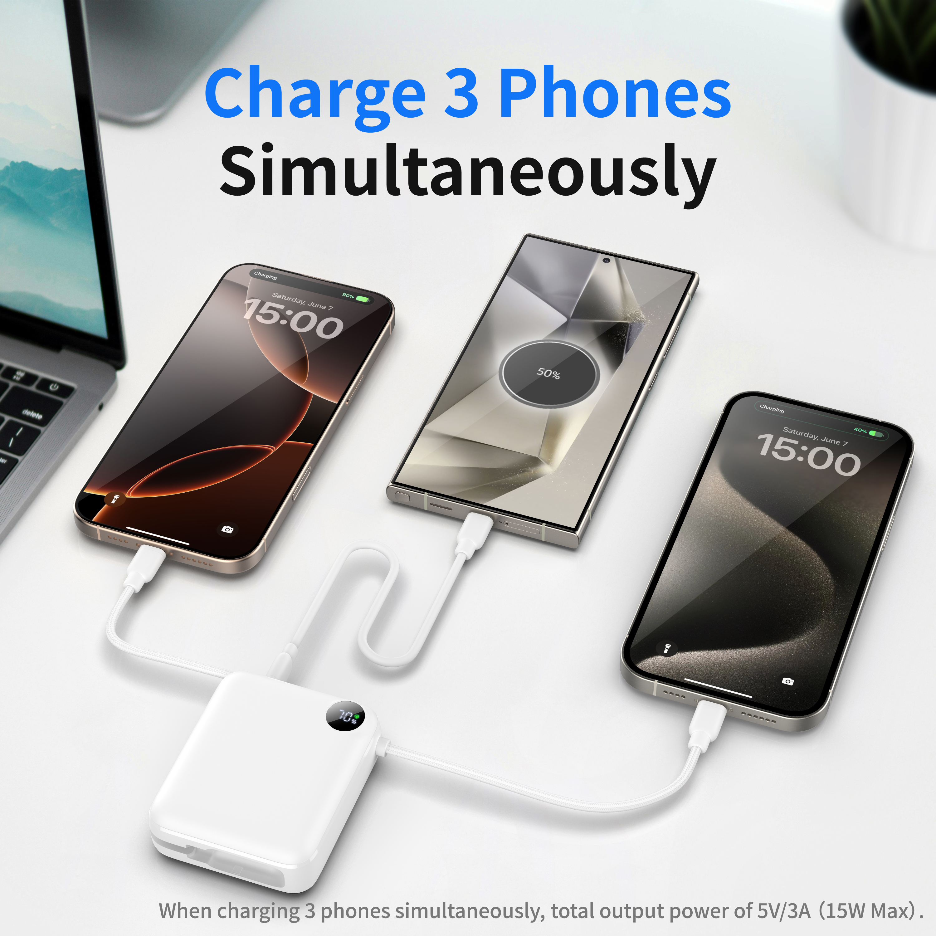 10000mAh Compact Portable Power Bank Fast Charge With Two Built‑in Bidirectional Type‑C Cables, Extra Type‑C Port LED Digital Display Fashion Mini External Battery Pack