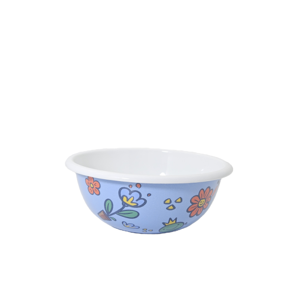 Pastel Blue Floral Frog Cartoon Printed Enamel Bowl White Rolled Rim Enamel Serving Bowl For Daily Meal Fruit Salad Storage