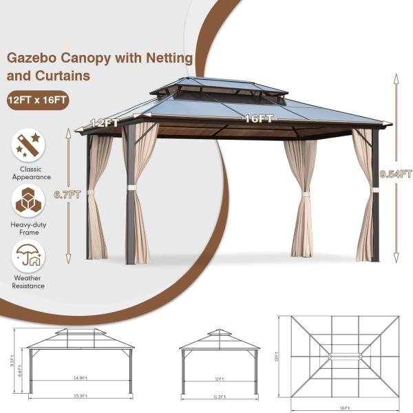 Gazebo Polycarbonate Double Roof Canopy Outdoor Aluminum Frame Pergola, Permanent Pavilion with Netting Curtains