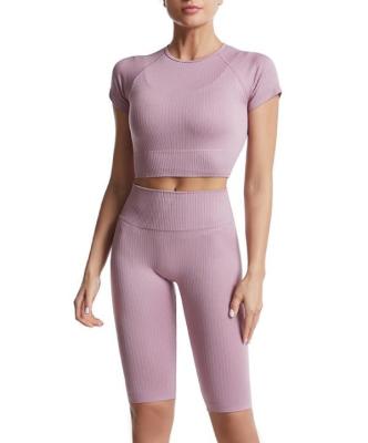 O exercício feito sob encomenda da roupa ajusta para mulheres do tanque com nervuras sem emenda da colheita de 2 partes o short alto da cintura