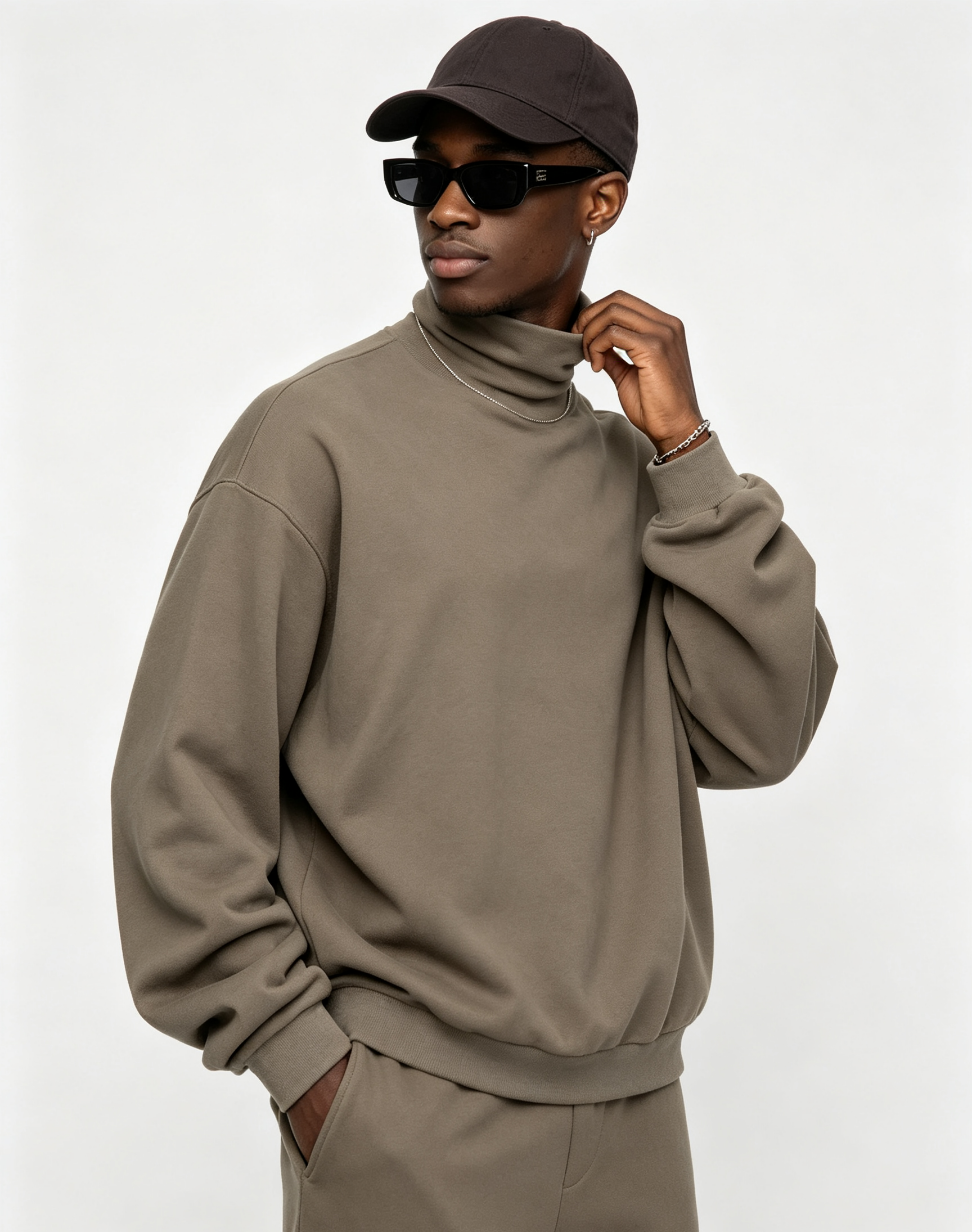 305GSM Turtleneck Long Sleeve Shirt Oversized Drop Shoulder Brushed Long Sleeve Tee Double-Sided Fabric