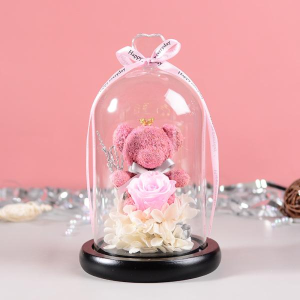 Wholesale Price Rose bear preserved roses in glass dome rose bear for lover