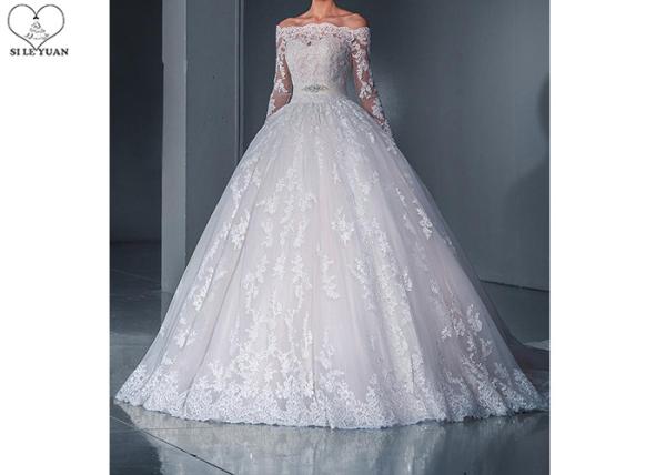 Off The Shoulder Ball Gown Wedding Dress Beaded Belt Long Sleeve Lace Tail