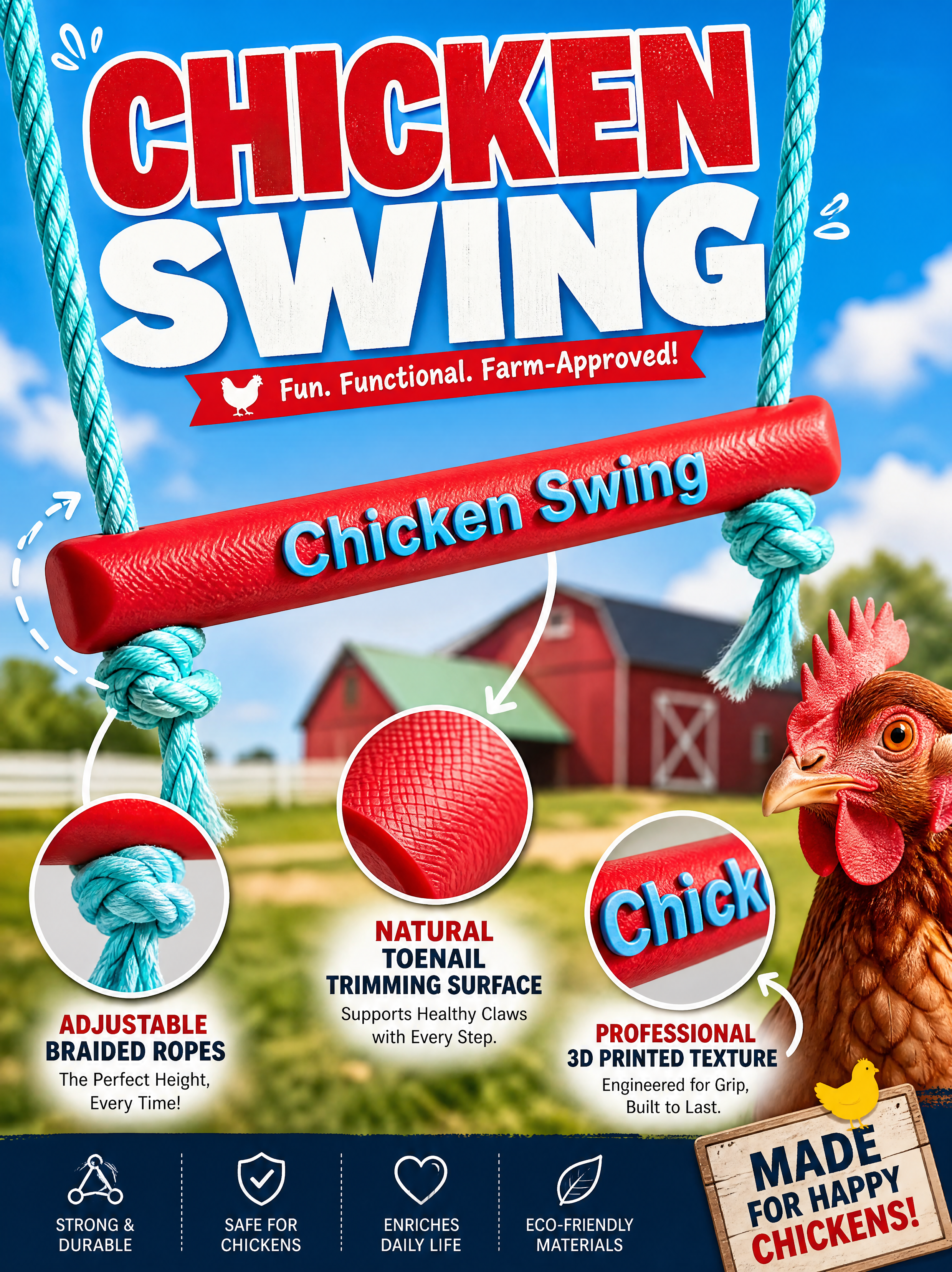 Non Slip Chicken Pet Accessories Adjustable Rope Swing Duck Poultry Entertainment