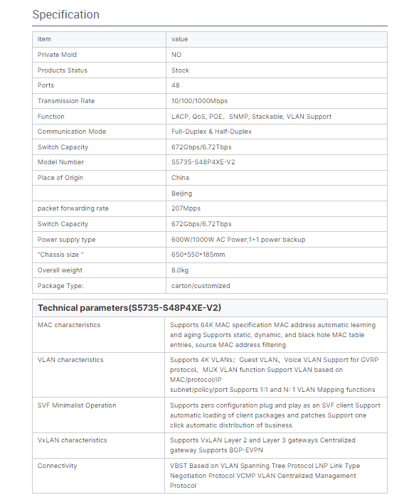 Original New S5735-S48P4XE-V2 48 Port POE Switch with 10/100/1000Mbps and 4*10GSFP+ Ports