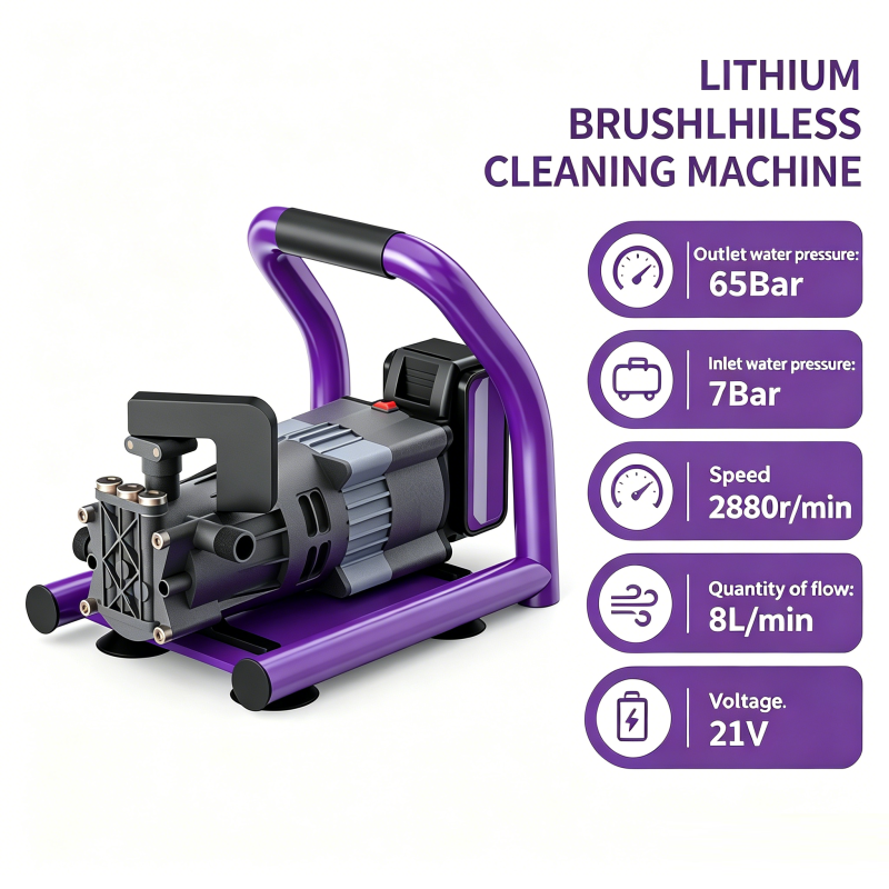 Cordless Brushless 21V Cleaning Machine 65Bar High Pressure 8L/min 2880r/min Portable Power Washer Car Patio Outdoor