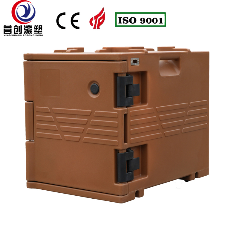 YINGCHUANG OEM 75L Coffee Brown Handle Type Rotomolded Insulated Box, Thick PU Foam Hot & Cold Holding GN Pan Food Transport Cabinet For Catering Canteen Central Kitchen
