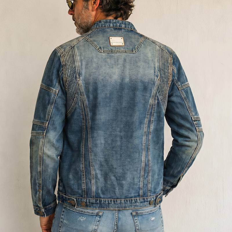 Navy Daily Washed mens denim jacket wholesale Round Neck Long Sleeve Custom (JK771)