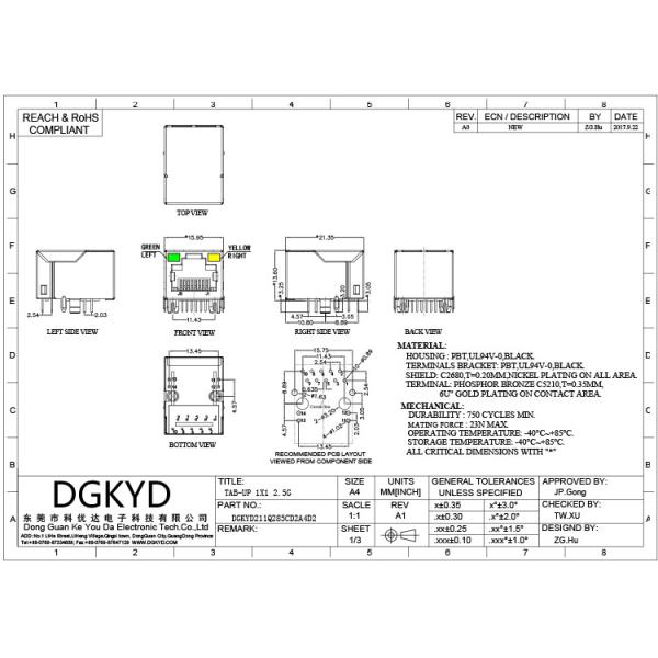 Плата DGKYD211Q285CD2A4D2 2.5G одиночная гаван вверх по сети RJ45 Джек соединителя модульной промышленной