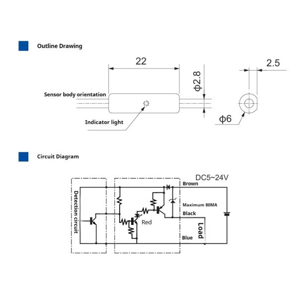 80mA High Output Sensor Circuit Check Load PNP Current Increase Near OFF Cord Attachment with Red LED Indicator