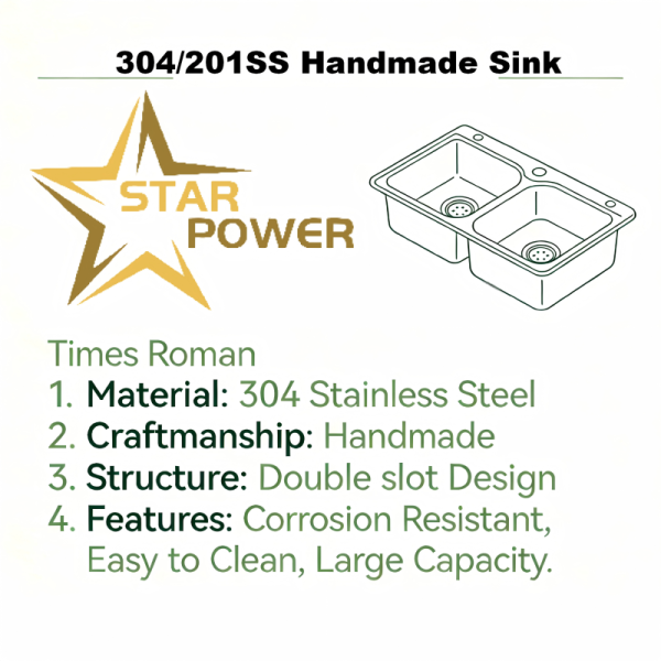 STAR POWER Brushed Double-Bowl Handmade Kitchen Sink in 304 Stainless Steel
