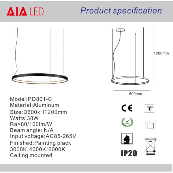 DIY black contemporary led ring pendant lamp led ring chandelier droplight ceiling lamp for hotel decoration