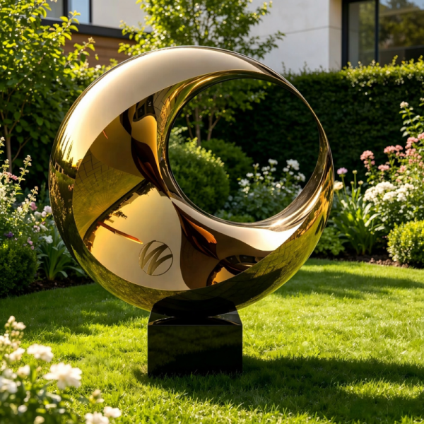 Titanium Gold Polished Stainless Steel Abstract Ring Sculpture with Black Granite Base | Modern Large Outdoor & Indoor Luxury Metal Art Statue