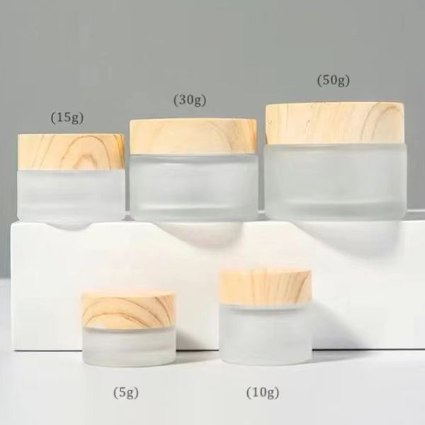 5g 10g 15g 30g 50g Empty Frosted Glass Cream Jars Refillable Cosmetic Natural Wood Leak-proof Travel Storage Containers for Eye Cream Face Mask Skincare