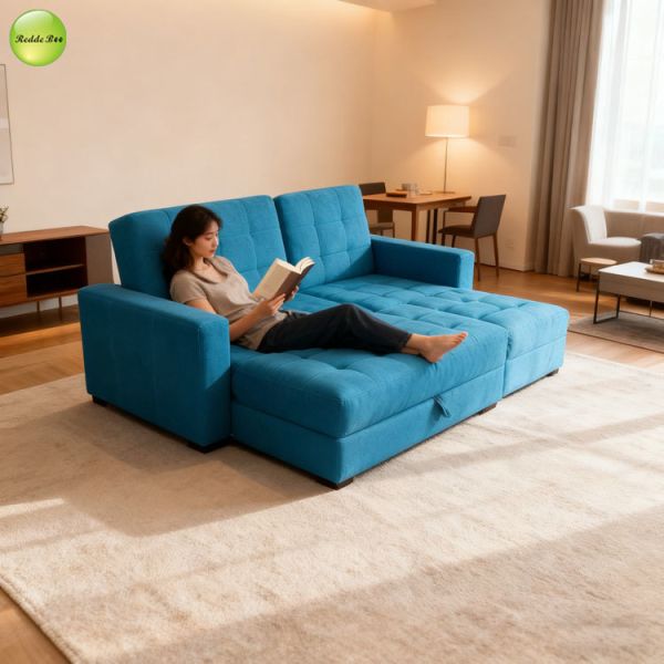 Multifunctional L Shape Sofa For Living Room Linen Fabric Sofa Convertible Sleeping Foldable Sofa Bed With Storage Ottoman