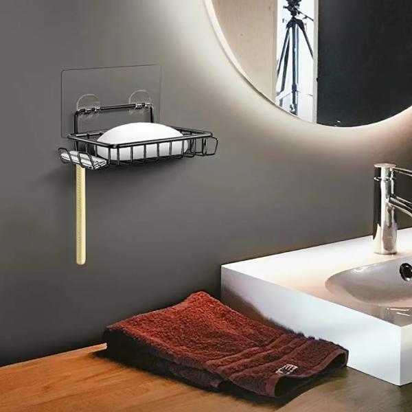 No Drilling Stainless Steel Adhesive Soap Dish Soap Holder for Shower Wall with 4 Hooks