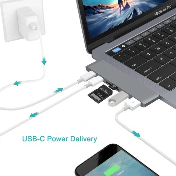 Multiport Docking Station 6-In-1 Type-C Hub Adapter with SD/TF 2*USB3.0 2*USB-C Output