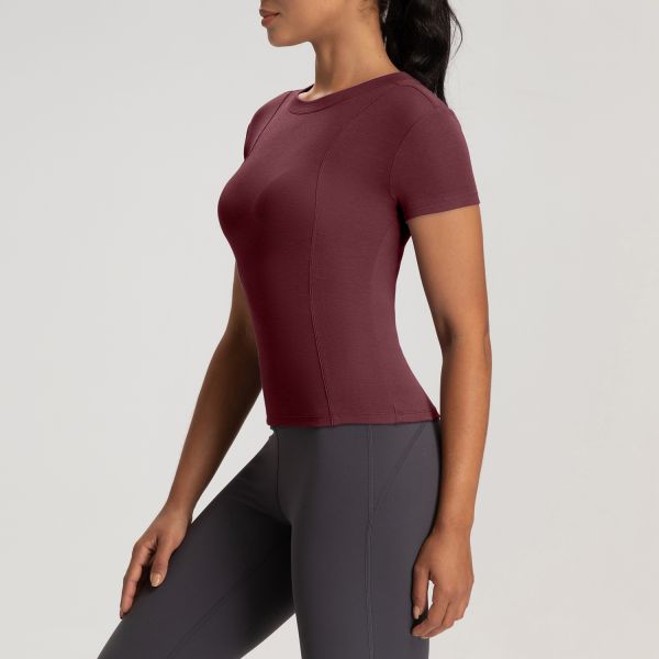 Purple Slim Fit Yoga Women Activewear Tops Breathable Stretchable Short Sleeve