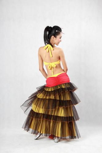 Ruffles Belly Dancing Outfits 3 Tones 4 Tiered Pleated Tulle Side Slit Maxi Skirt