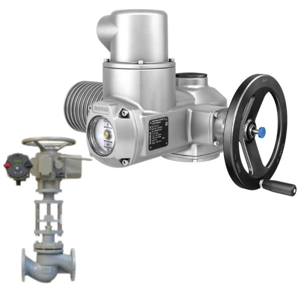 Motorized ball valve with an AUMA GS part-turn gearbox and SA multi-turn modular universal electric actuator.