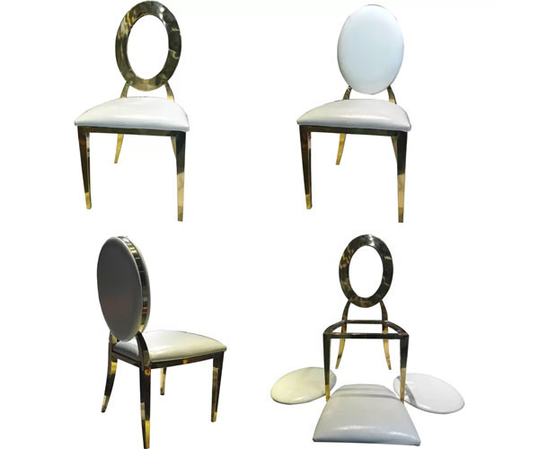 Casamento de aço inoxidável da parte traseira de círculo do ouro que janta cadeiras com o coxim de couro branco