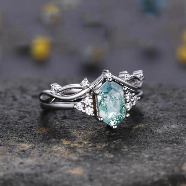 Шестиугольник захвата 925 стерлинговый серебряный отрезал агат мха естественного кольца кварца реальный зеленый