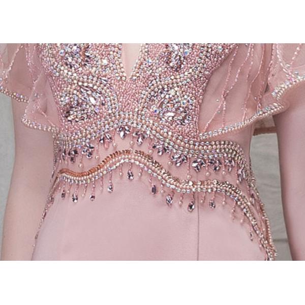 Pink V Neck Mermaid Prom Dress Lotus Leaf Sleeve Top Heavy Beading Backless