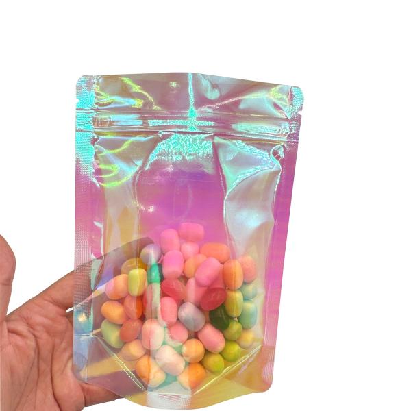 Custom Rainbow Holographic Pink Color Stand Up Pouches with Resealable Zipper for Packaging Food, Candies, Accessories,