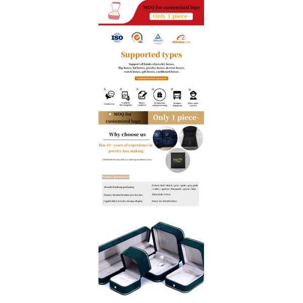 Taille personnalisée et logo personnalisé Boîte de bijoux en velours vert pour bracelet Collier Ring