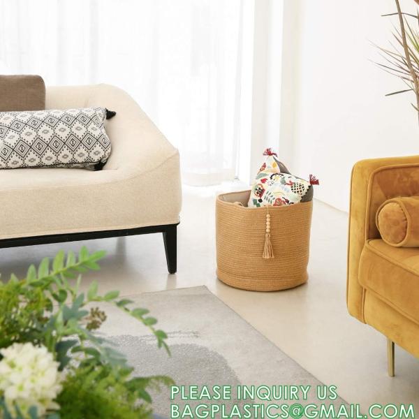 storage Basket Decorative Rope Basket Wooden Bead Decoration For Blankets,Toys,Clothes,Shoes,Plant Organizer Bin