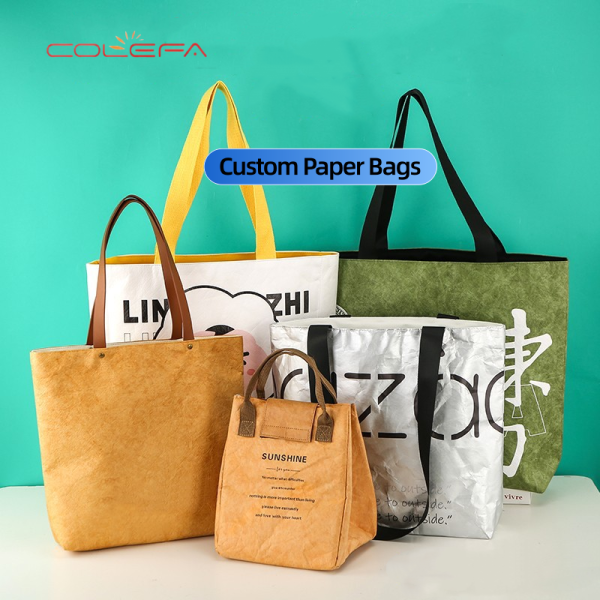 DuPont Paper Bag with Silver Colored with Custom-Printed Logo Side-Handled Tote Bag No Bottom Large Capacity Carry Paper Bag
