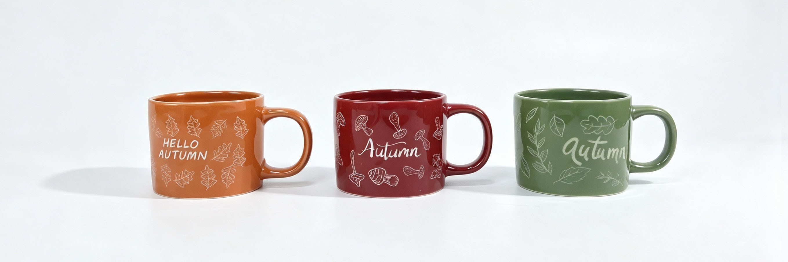 3 Pack Hello Autumn Ceramic Coffee Mugs, Leaf Mushroom Foliage Pattern Short Stoneware Tea Cups for Fall Farmhouse Decor & Harvest Gift