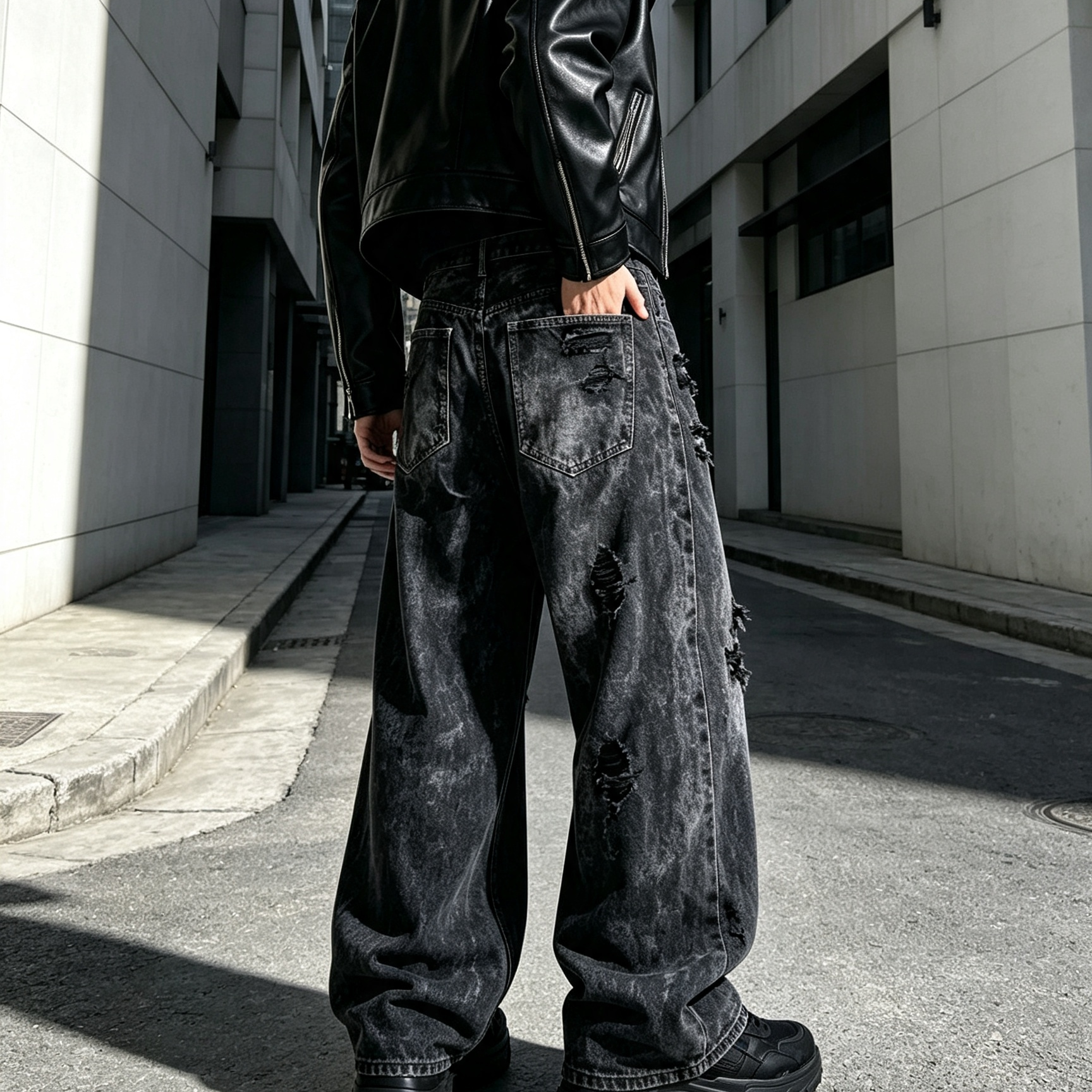 Distressed Mid Rise Wide Leg Jeans Straight Fit Men's Jeans Black Gray
