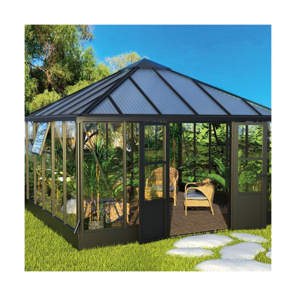 luxury hobby clear glass greenhouse,greenhouse kits with PC , heavy duty aluminum frame 14x14ft