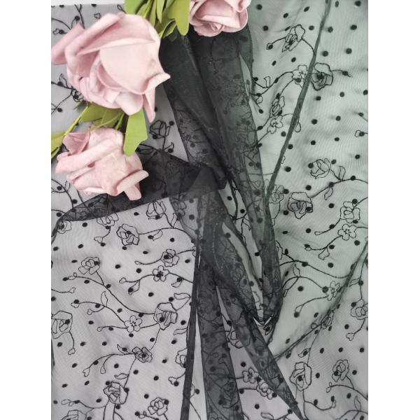 Fancy Tulle Flocked Lace Fabric Black Flower Embroidered Fabric