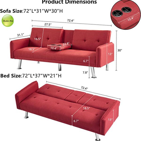 Modern Linen Fabric Foldable Sofa Bed With Cup Holder 2 Seater Living Room Sofa Convertible Sleeping Sofa Bed