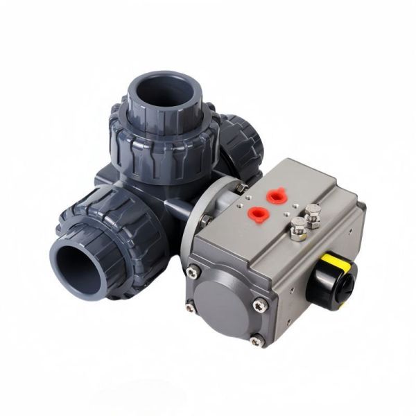 Industrial UPVC Pneumatic Three Way Ball Valve L T Flow Type Socket Union Anti Acid Alkali PVC Ball Valve for Chemical Industry