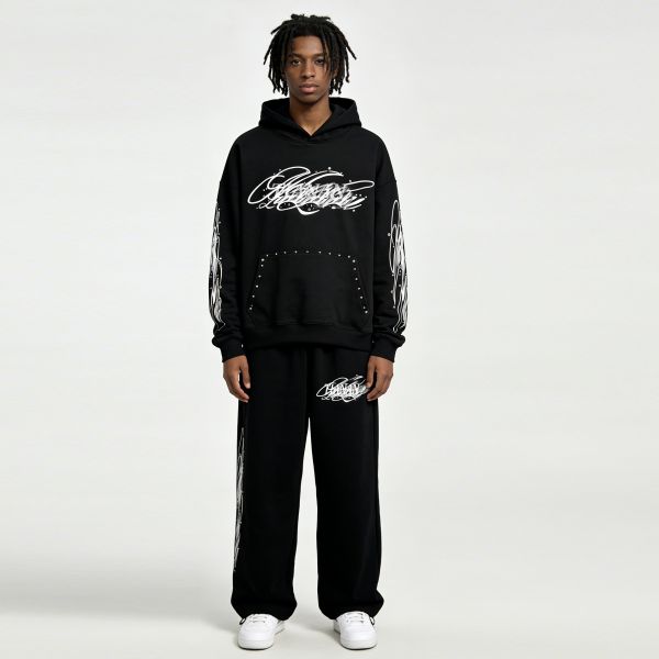 Wholesale Men's Hoodies&sweatshirt Sets Custom High Quality Cotton Polyester Autumn Long Tracksuit Rhinestone Print Sweatsuit