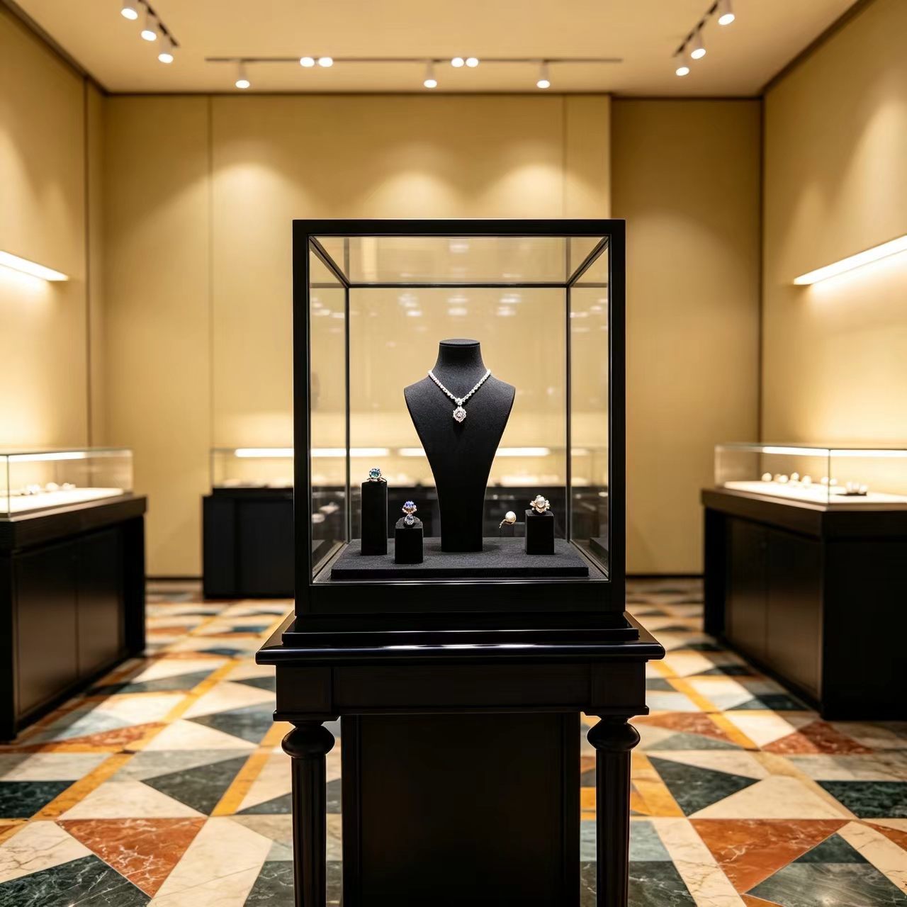 Wall Mounted Display Case with 50kg Per Shelf Capacity, Front Opening Soft-Close Doors, and Top LED Spotlights And Strip Lighting