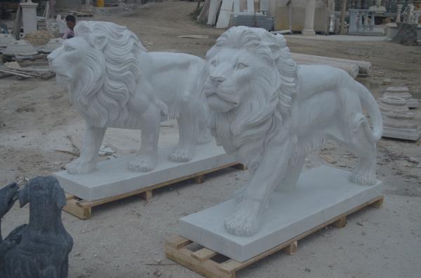 One Pair White Villa ISO Small Marble Lion Statue Stone Carving Sculpture