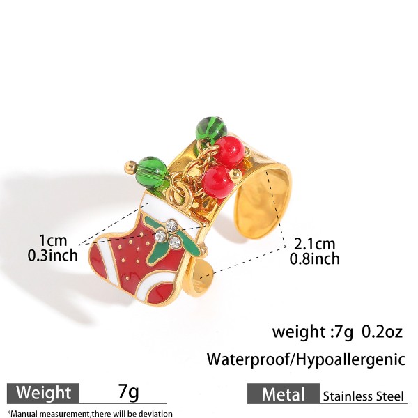 Fashion Popular Stainless Steel Enamel Christmas Tree Stocking Reindeer Snowflake Jewelry Rings 18k Gold Plated Adjustable Ring