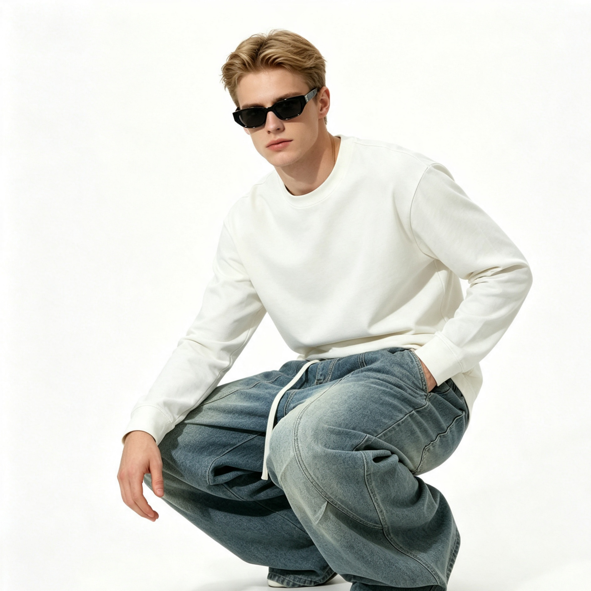 Loose Men's Jeans Washed Drawstring Elastic Waist Jeans Wide Leg
