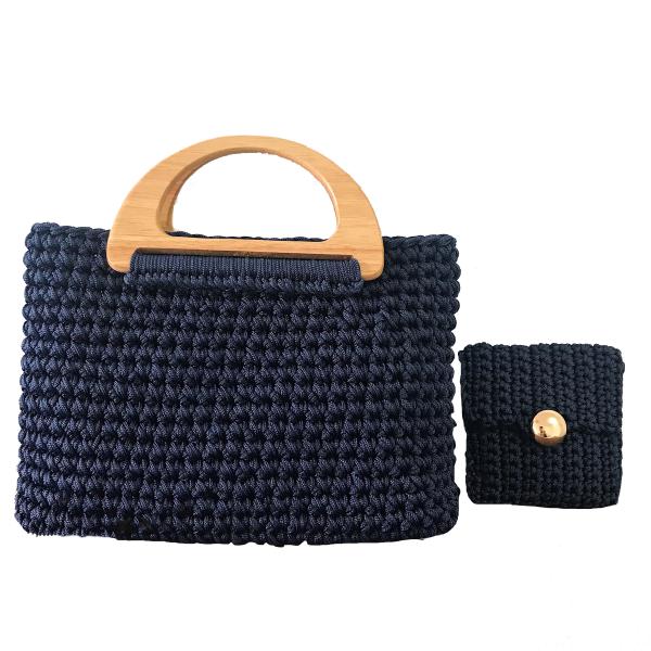 Natural Hemp Rope Crochet Hand Bag Woven With Wooden Handle OEM